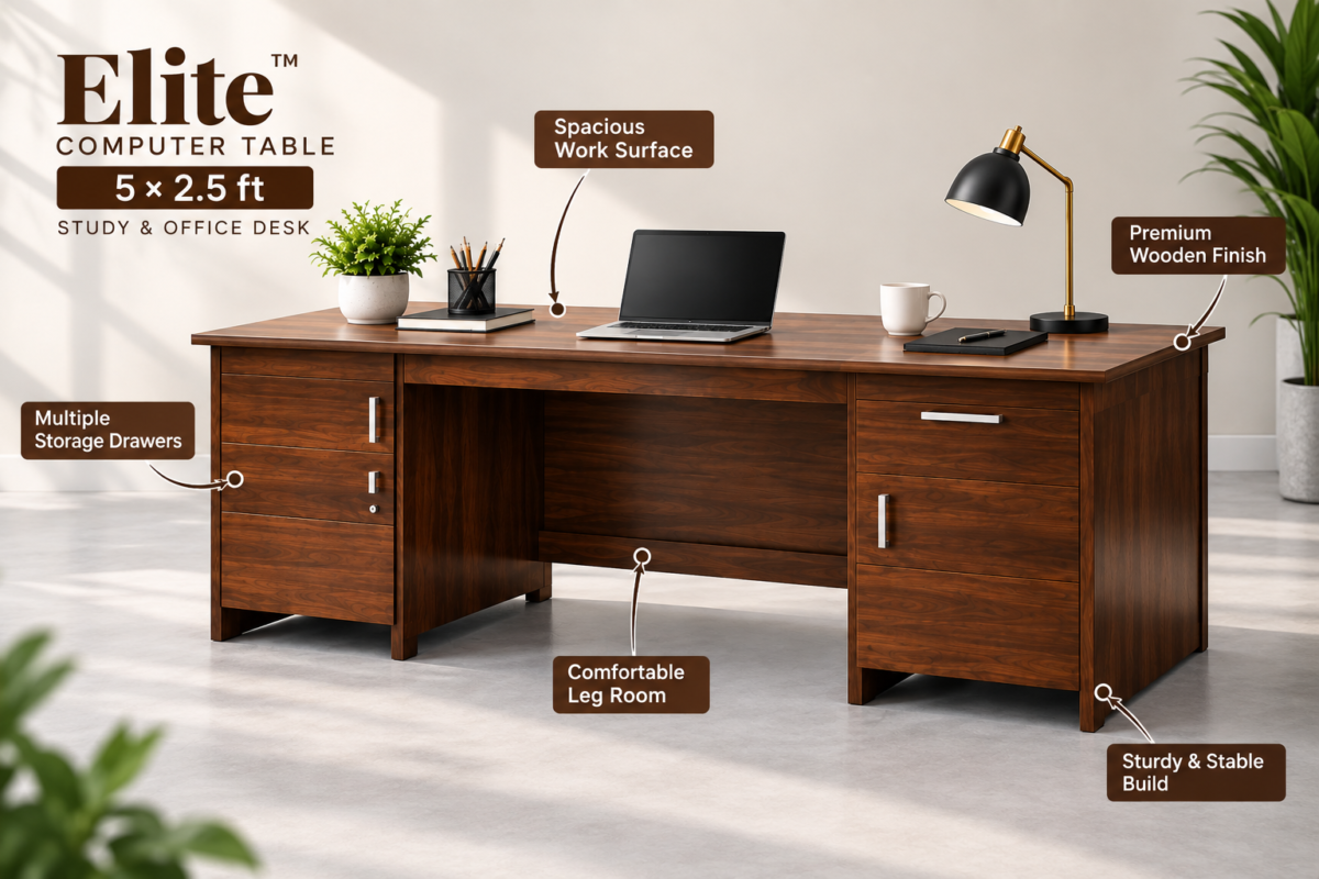 Elite study table 5x2.5 ft product highlights and engineered wood finish