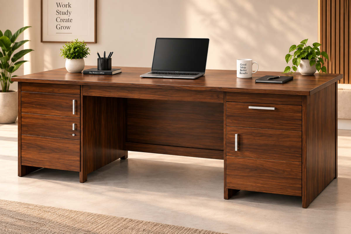 Elite office table 5x2.5 ft features, storage cabinets and keyboard tray