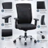 Fabric executive chair features: padded seat, contoured back, adjustable arms