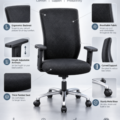 Fabric executive chair features: padded seat, contoured back, adjustable arms