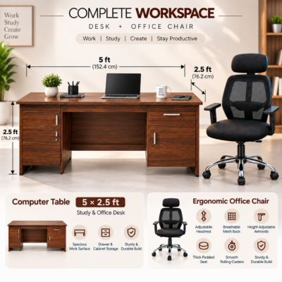 Executive Combo | Elite 5x2.5 ft Table + High-Back Ergonomic Chair