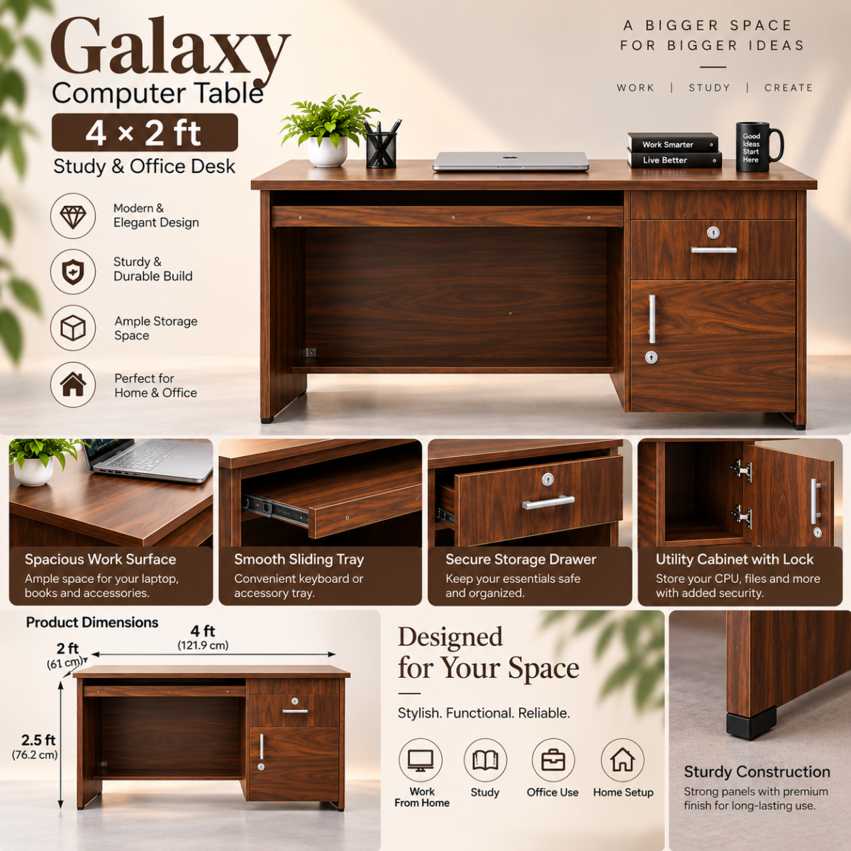 Galaxy computer table 4x2 ft study desk features and storage drawers