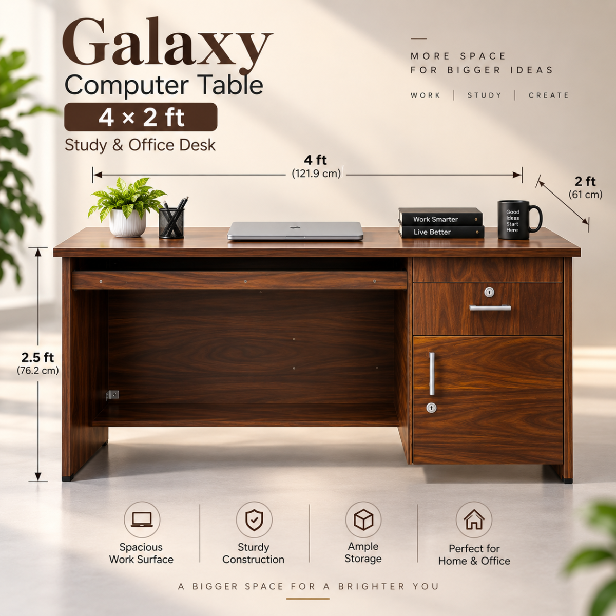 4x2 ft office table design with drawers and side cabinet for a home office