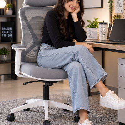 Dtable premium ergonomic chair for work and gaming, grey and white