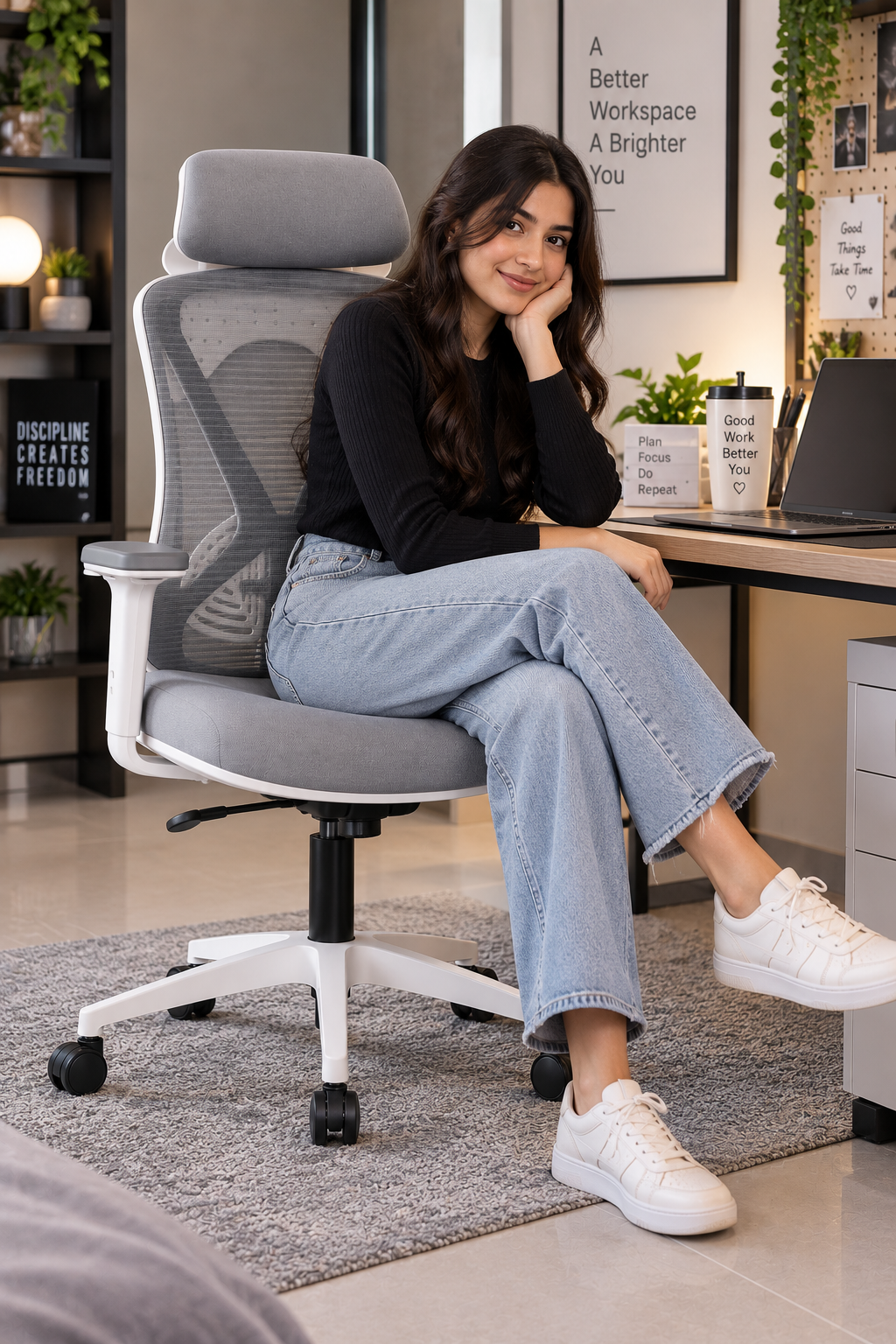 Dtable premium ergonomic chair for work and gaming, grey and white