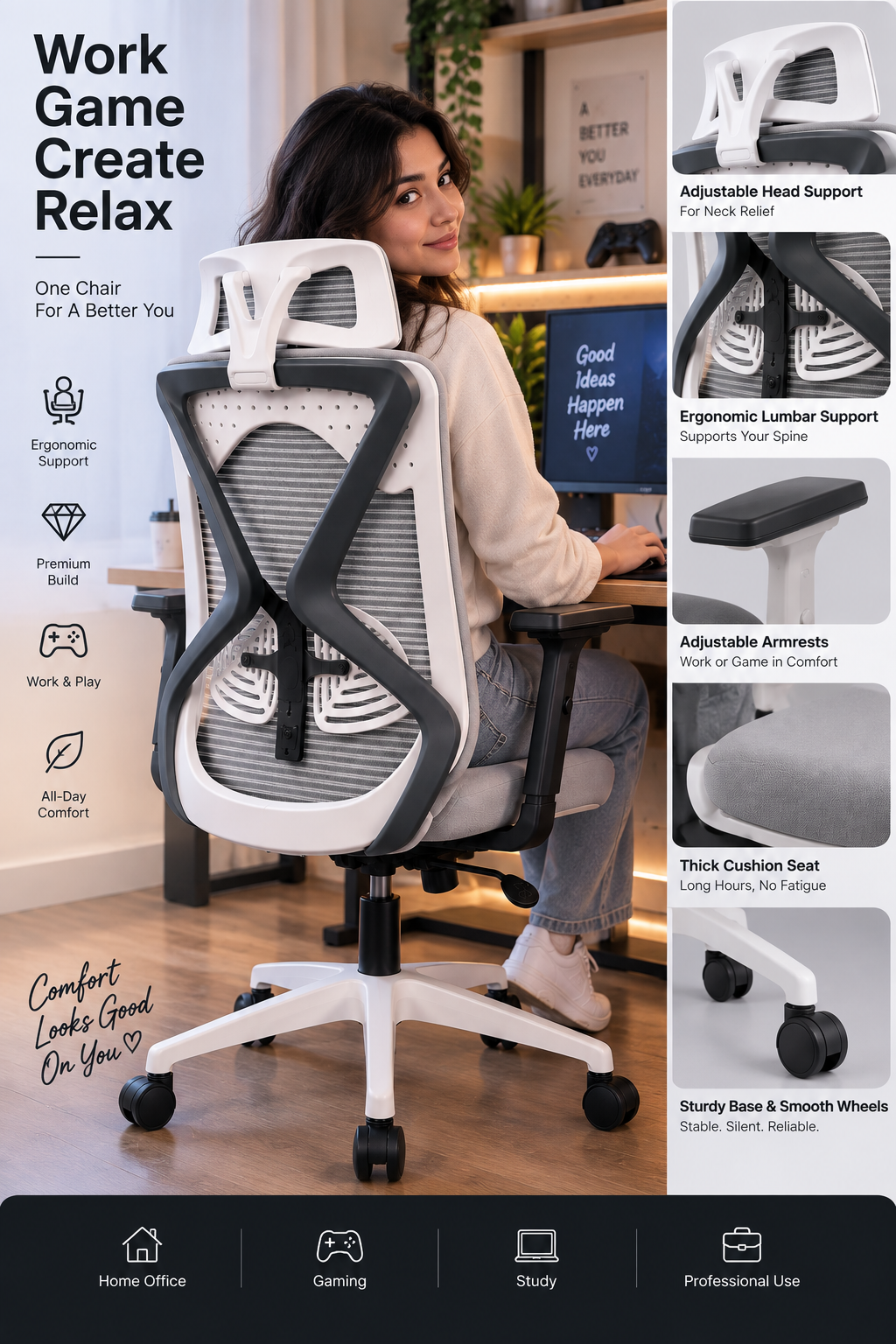 Premium ergonomic chair features: headrest, lumbar support and armrests