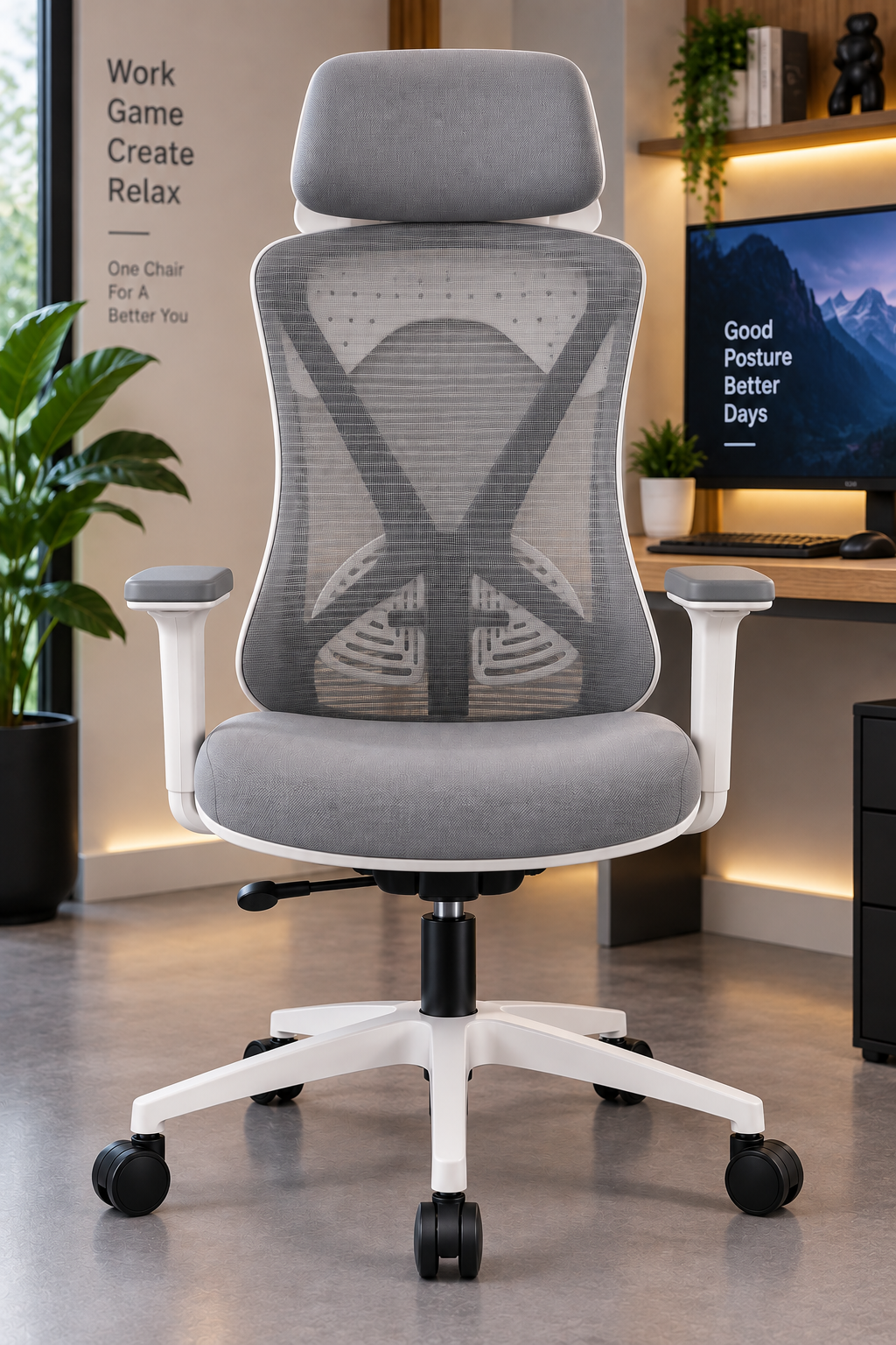 Premium ergonomic chair front view with adjustable headrest and mesh back