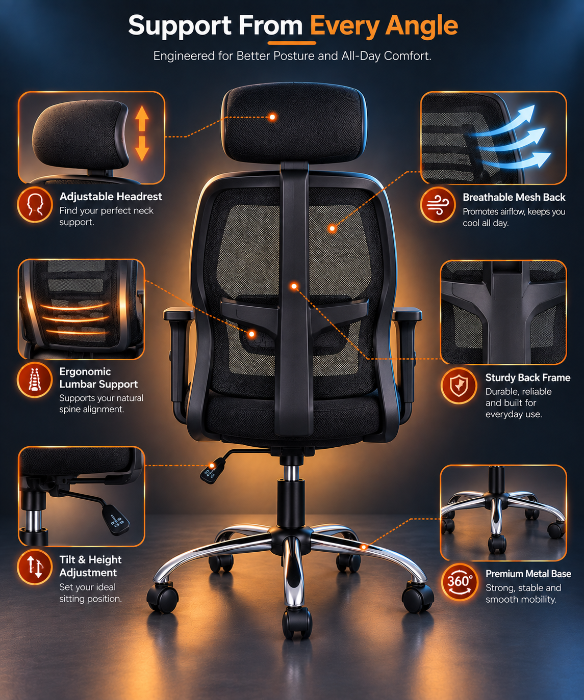 Ergonomic high-back chair rear view showing mesh backrest and frame
