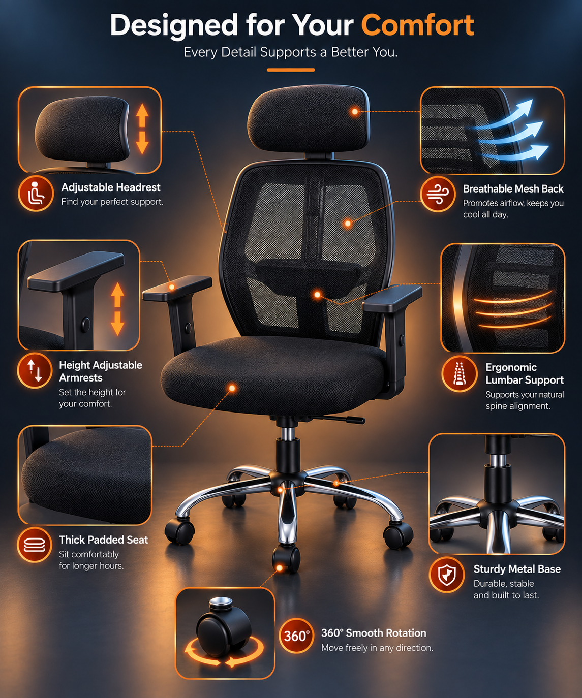 High-back office chair features: adjustable headrest, armrests and padded seat
