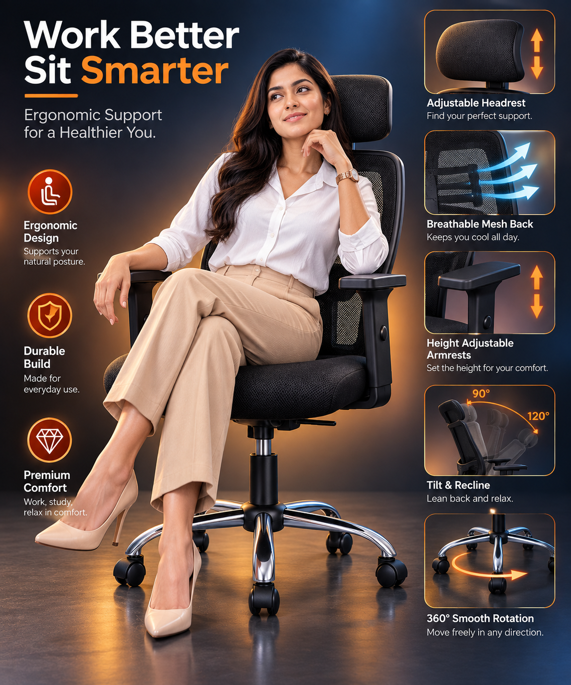 Woman seated in Dtable ergonomic high-back office chair