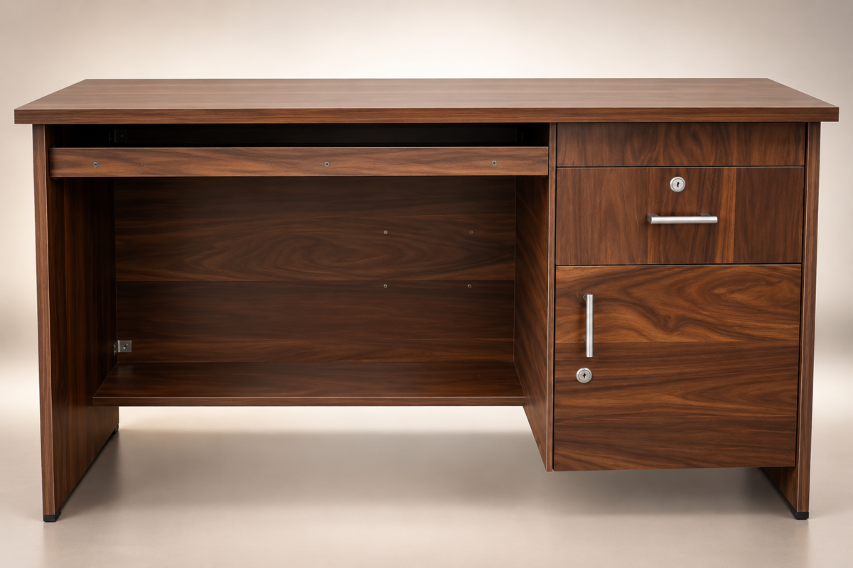 Star study table 3x1.5 ft rear view showing engineered wood back panel