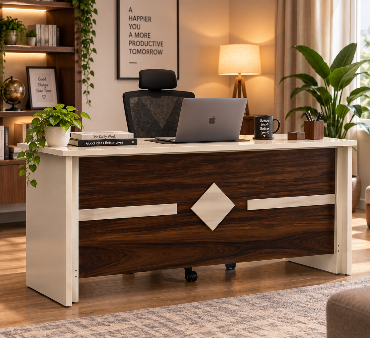Computer table front view showing drawers and pull-out keyboard tray
