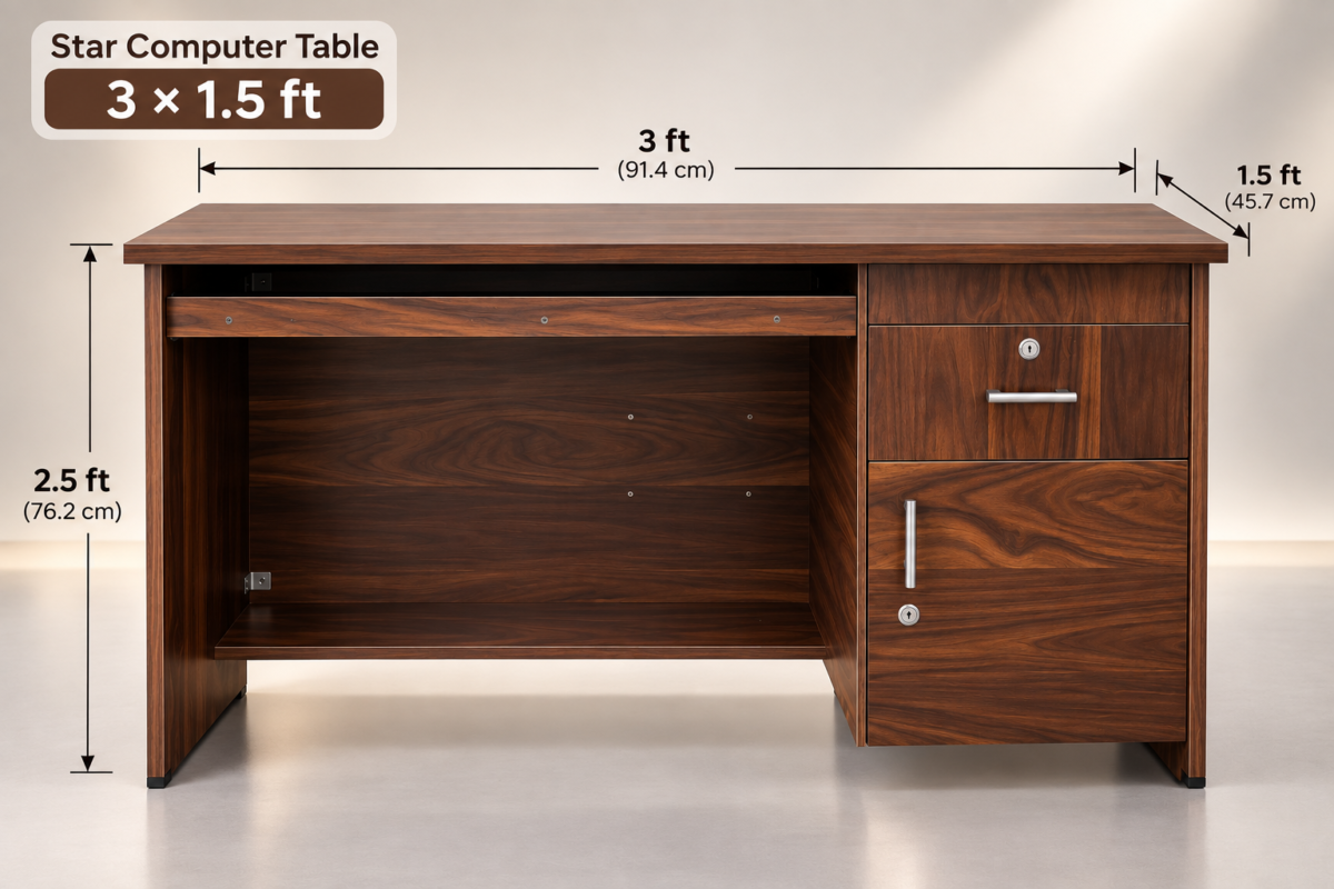 Star study table 3x1.5 ft with labelled dimensions and keyboard tray