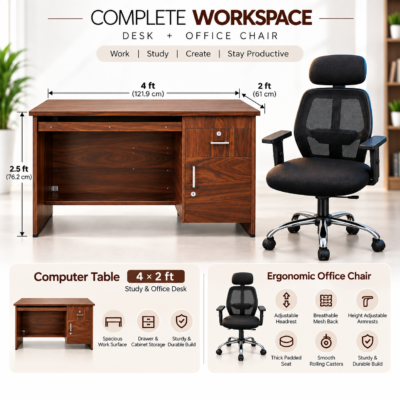 Work From Home Combo | Galaxy 4x2 ft Table + High-Back Ergonomic Chair